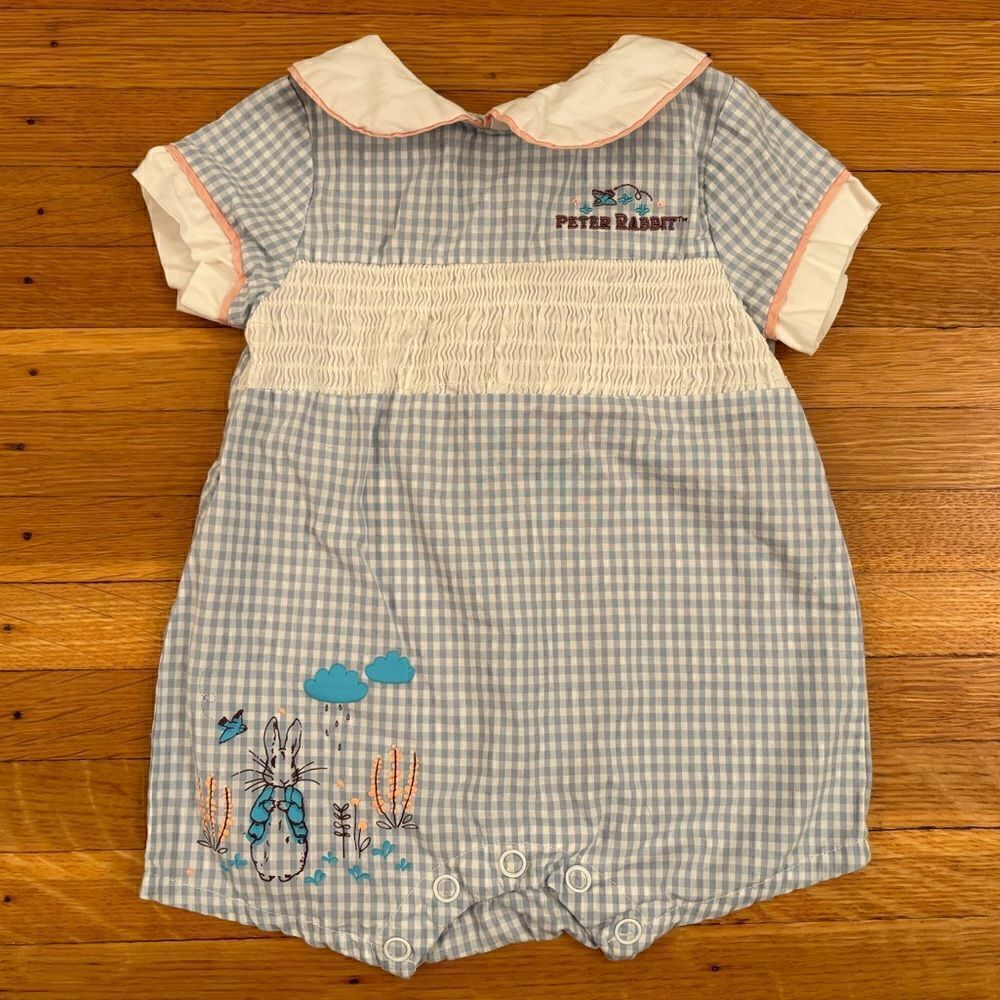Peter Rabbit Beatrix Potter blue/white plaid smocked short sleeve romper